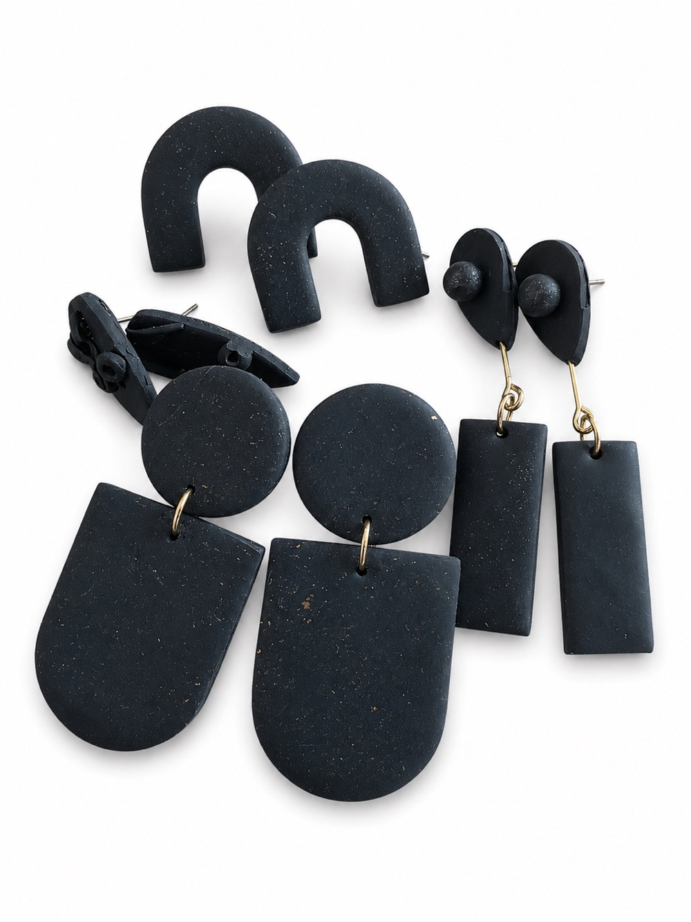 Matte Black Geometric Polymer Clay Earring Set - set of 4